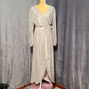 GUESS Metallic Knit Surplice V-Neck Long Sleeve Asymmetrical Hem Wrap Midi Gown